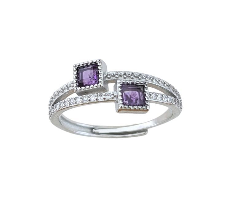 Bague Facettée - Double Amethyste AA