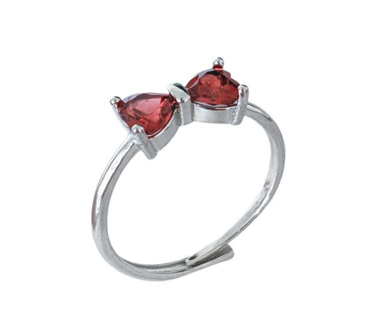 Bague Facettée - Double Cœur Grenat Rouge AAA