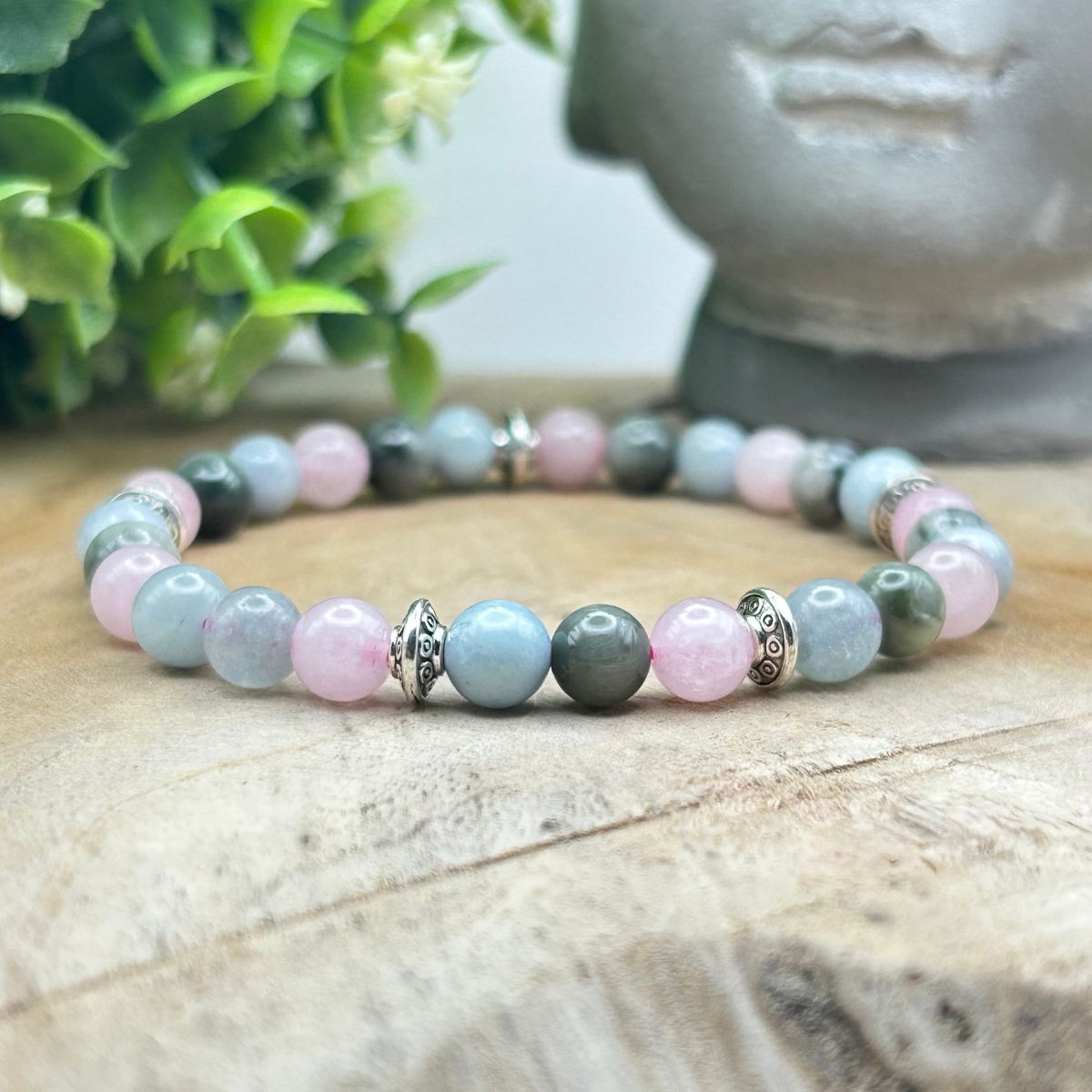 Bracelet 6mm - Aigue-Marine, Quartz rose, Oeil de Faucon