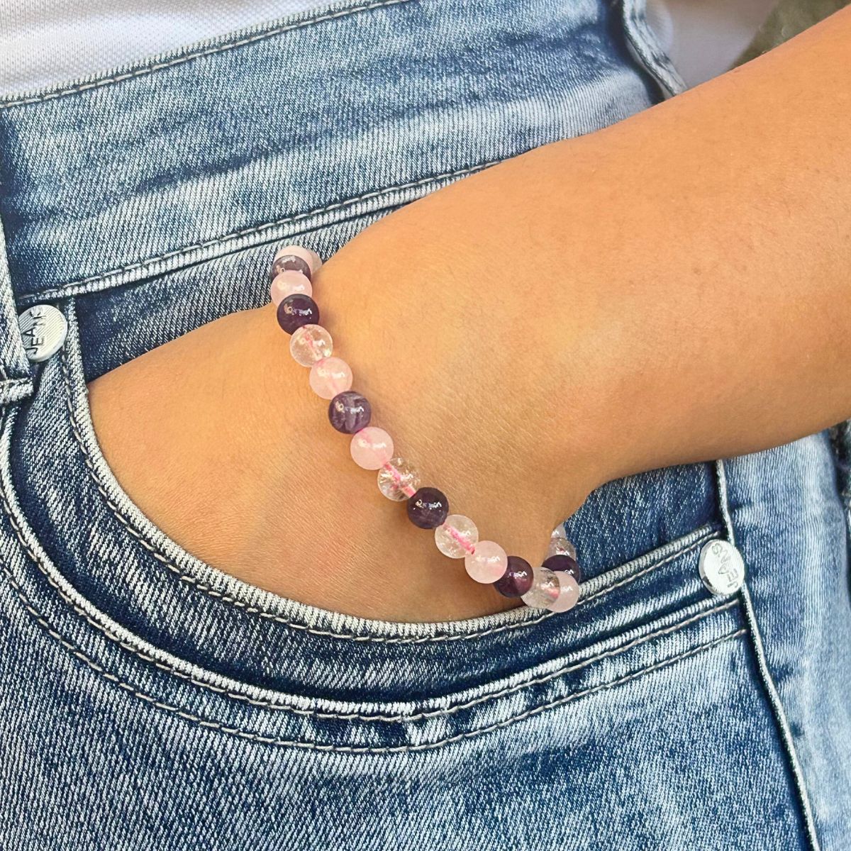 Bracelet 6mm - Améthyste, Cristal de roche et Quartz rose