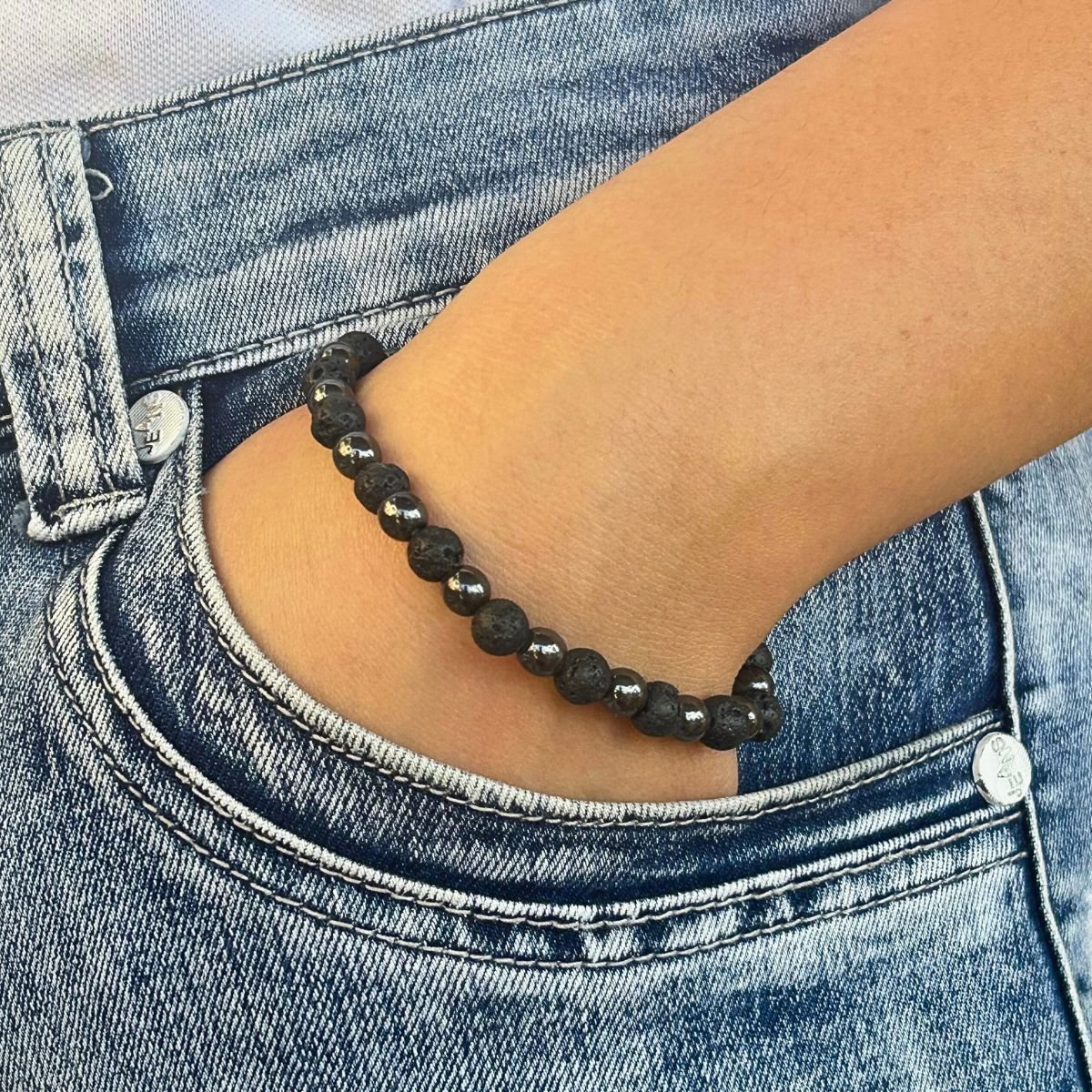 Bracelet 6mm - Hématite & Pierre de lave