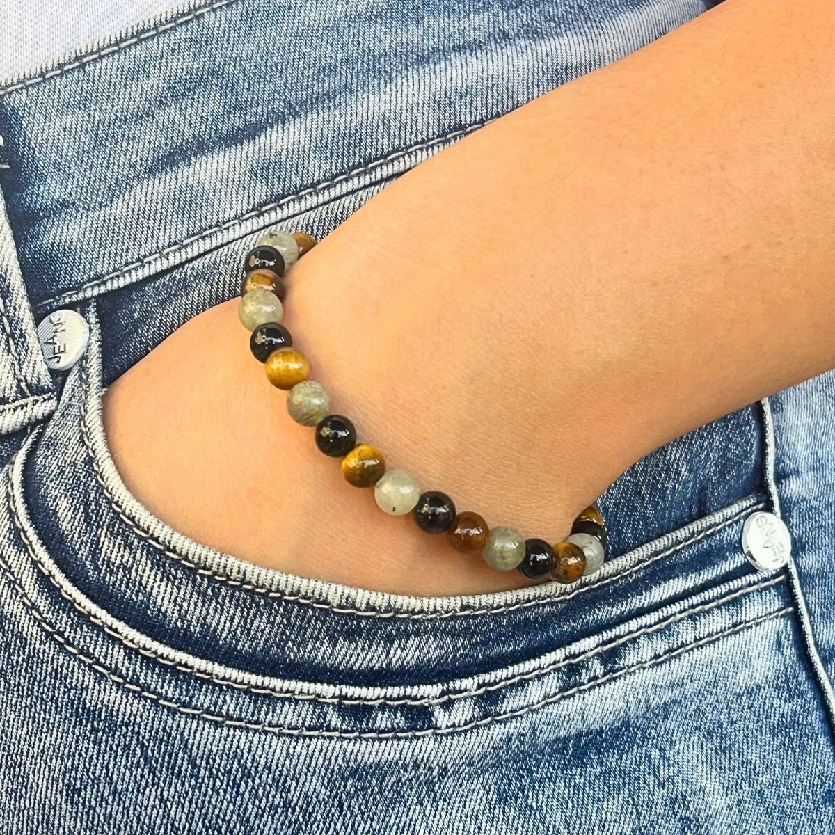 Bracelet 6mm - Labradorite, Œil de tigre et Onyx