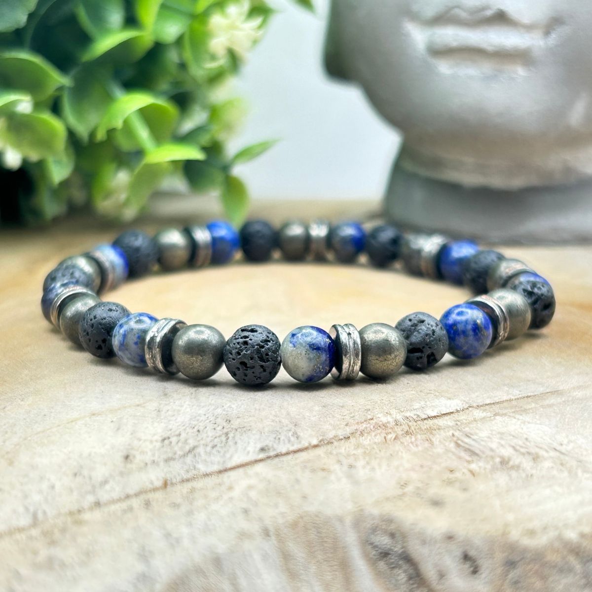 Bracelet 6mm - Lapis-Lazuli, Pyrite et Pierre de Lave