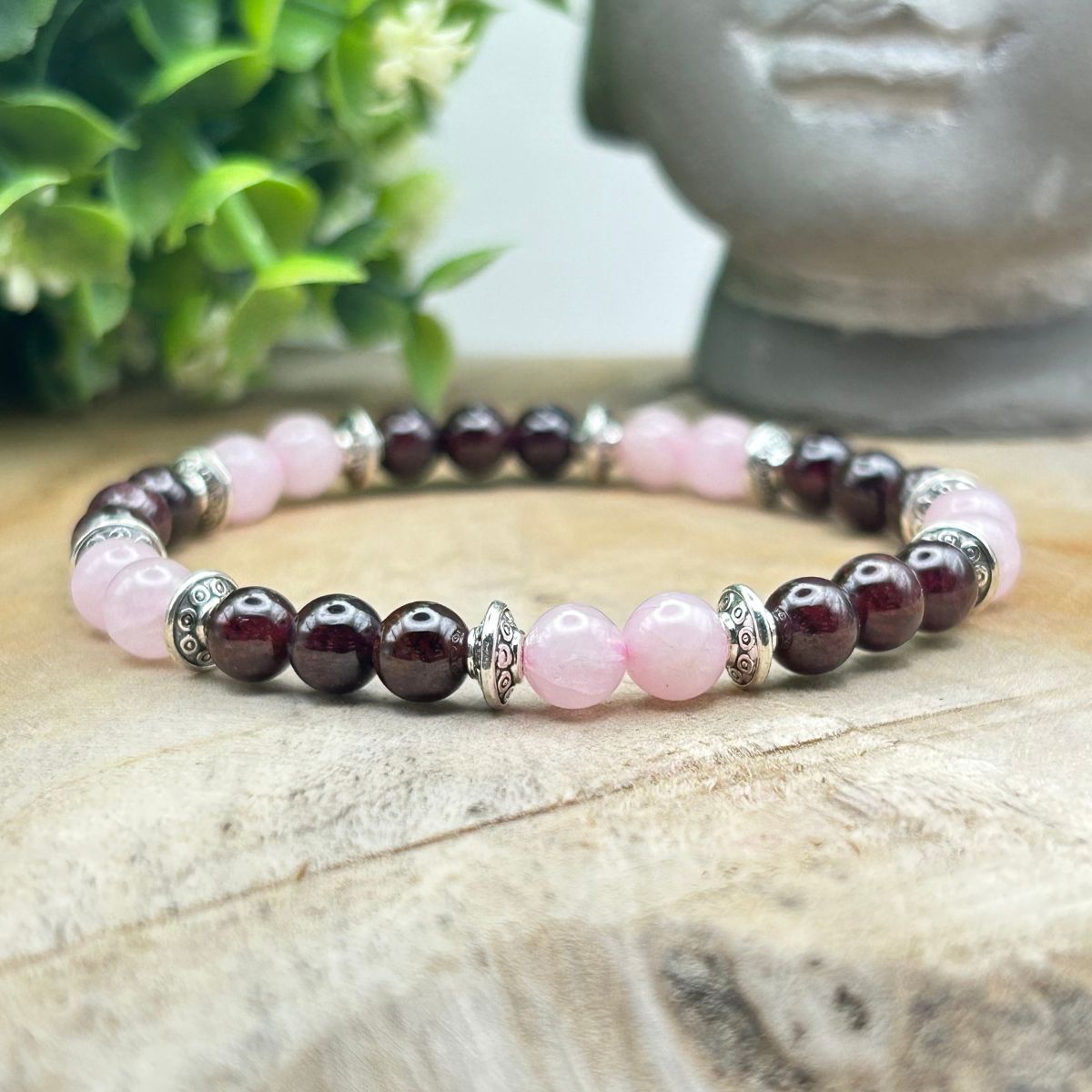 Bracelet 6mm - Quartz rose et Grenat Rouge