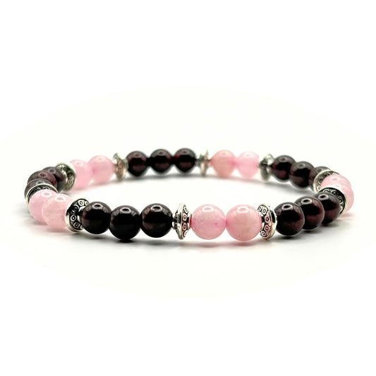 Bracelet 6mm - Quartz rose et Grenat Rouge