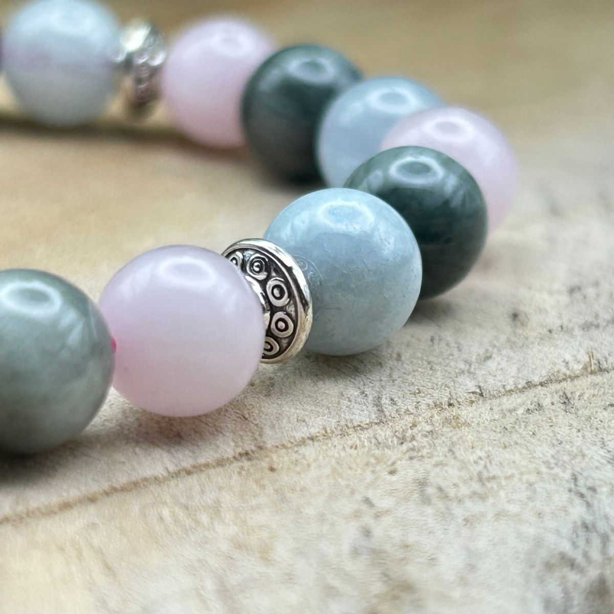 Bracelet 8mm - Aigue-Marine, Quartz rose et Œil de Faucon