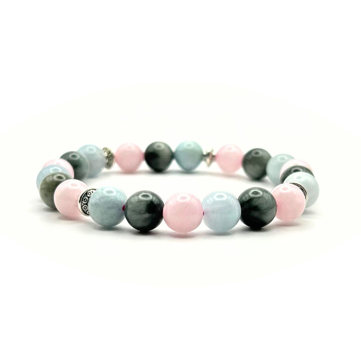 Bracelet 8mm - Aigue-Marine, Quartz rose et Œil de Faucon