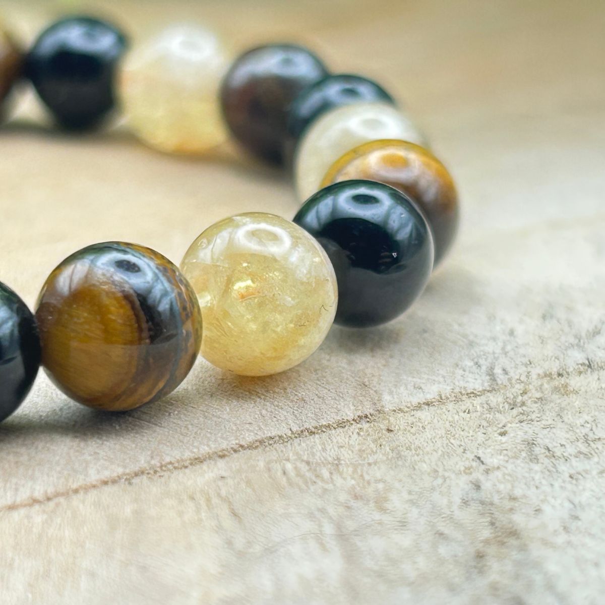 Bracelet 8mm - Citrine chauffée, Œil du Tigre, Obsidienne Noire