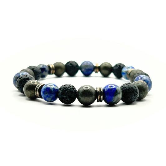 Bracelet 8mm - Lapis-Lazuli, Pyrite et Pierre de Lave